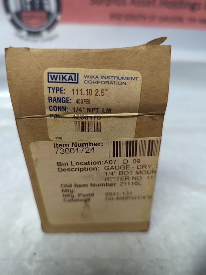 WIKA,4253175,GAUGE 400PSI 2-1/2 IN FACE 1/4 IN NPT BOTTOM CONNECTION NOS