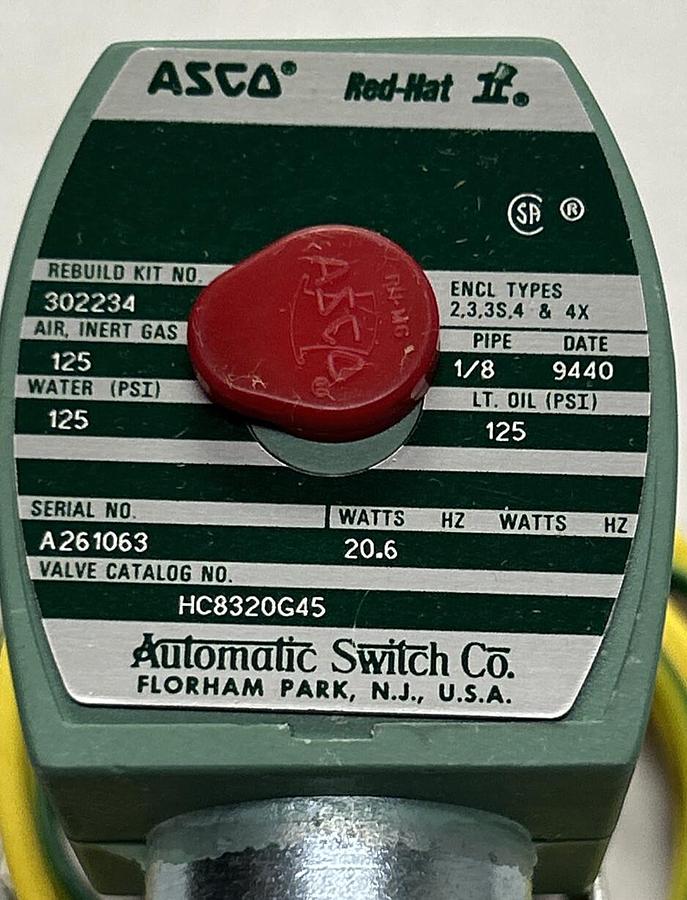 ASCO,HC8320G45,SOLENOID VALVE 125VDC NOS