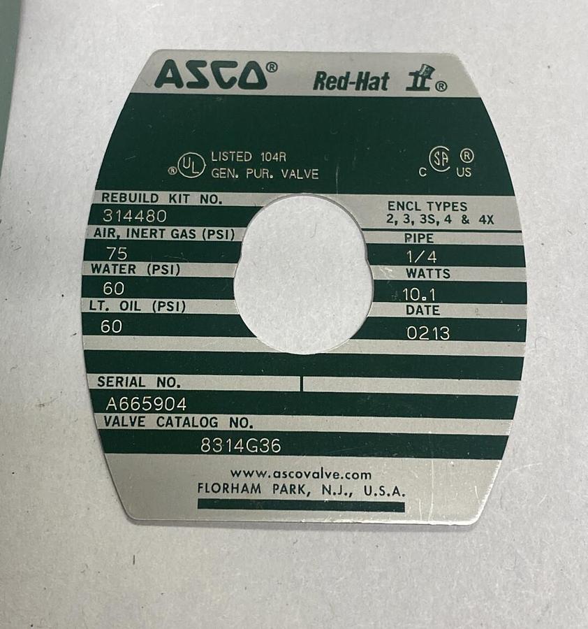 ASCO,8314G36,SOLENOID VALVE 120/60 110/50 NOS