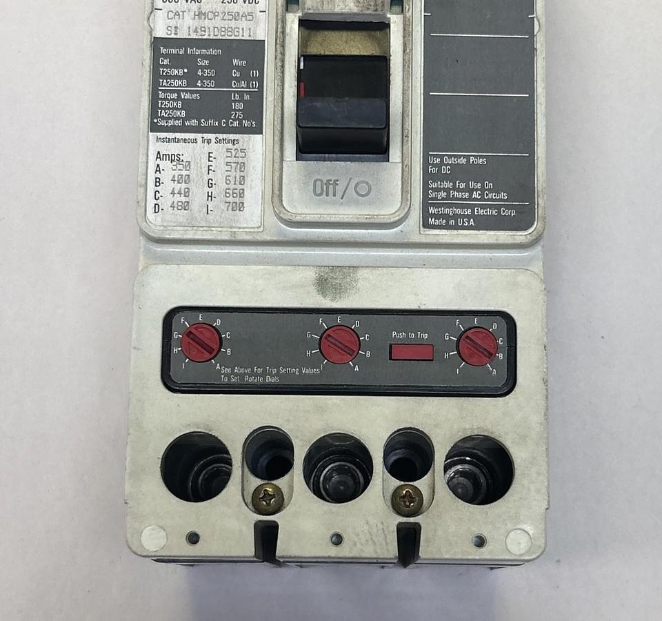 Used WESTINGHOUSE,HMCP250A5,CIRCUIT BREAKER 250A 600V 3P