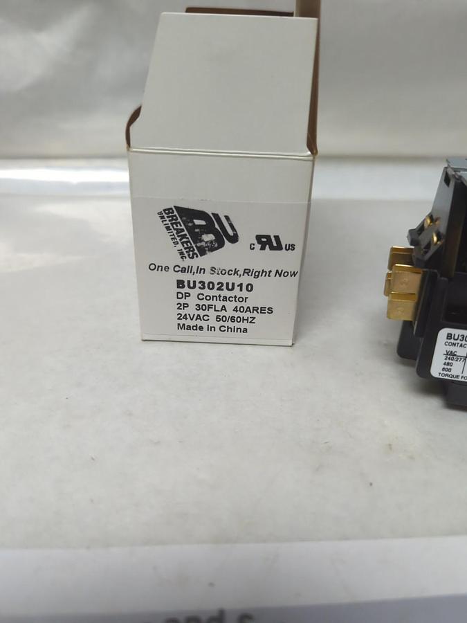 BREAKERS UNLIMITED,BU302U10,DEFINITE PURPOSE CONTACTOR 2-POLE 24VAC 50/60HZ NOS