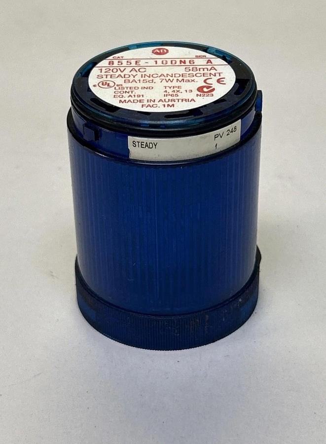 Used ALLEN BRADLEY,855E-10DN6,BLUE STEADY INCANDESCENT STACK LIGHT W/ 855E-LL24B LAMP
