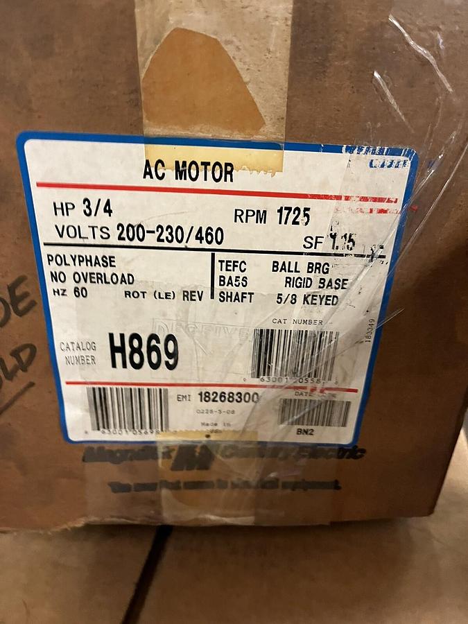 MAGNETEK,H869, 3/4HP AC MOTOR 1725RPM 3PH BA56 8-182683-01
