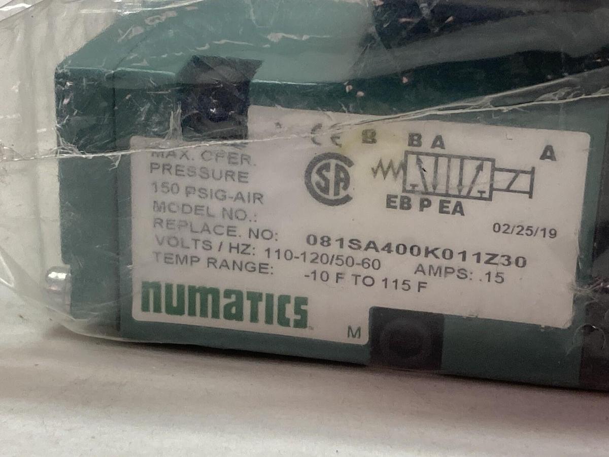 Used Numatics,081SA400K011Z30,Solenoid Valve 150PSIG 110-120/50-60V/HZ 0.15A