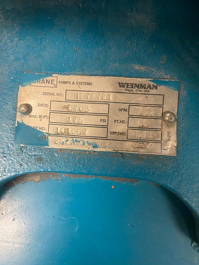 Used Crane,2G2A-30PN22G,Centrifugal Pump 122GPM 55 Ft/HD Imp Dia 4.13" 3Hp 3460RPM