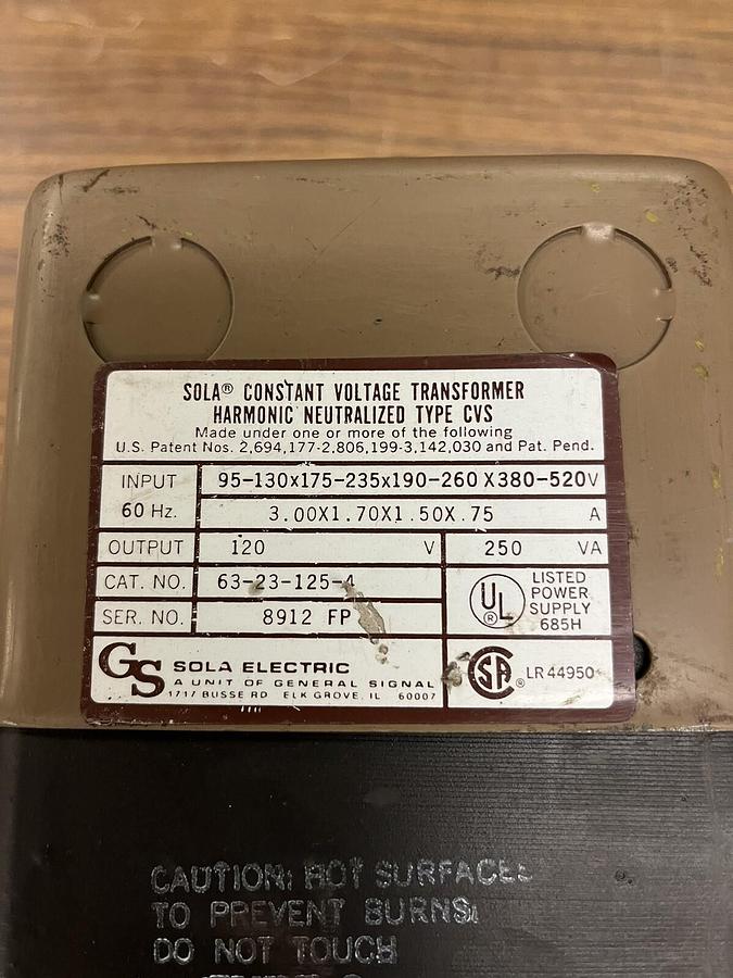 Used SOLA,63-23-125-4,CONSTANT VOLTAGE TRANSFORMER 120V 250VA