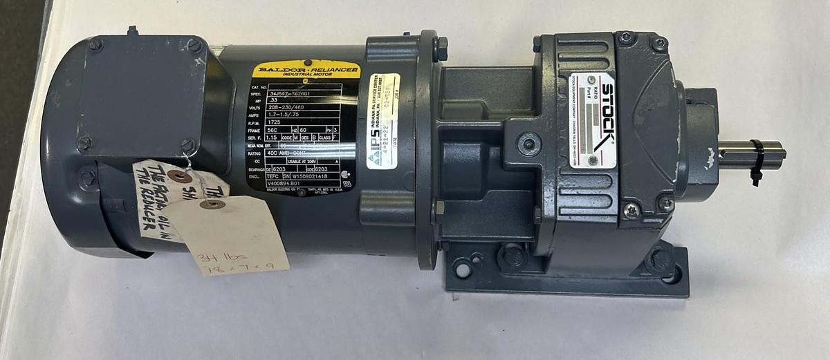 Used STOCK EQUIPMENT,AY2270D20,GEAR REDUCER 3 RATIO BALDOR 1/3HP 1725RPM