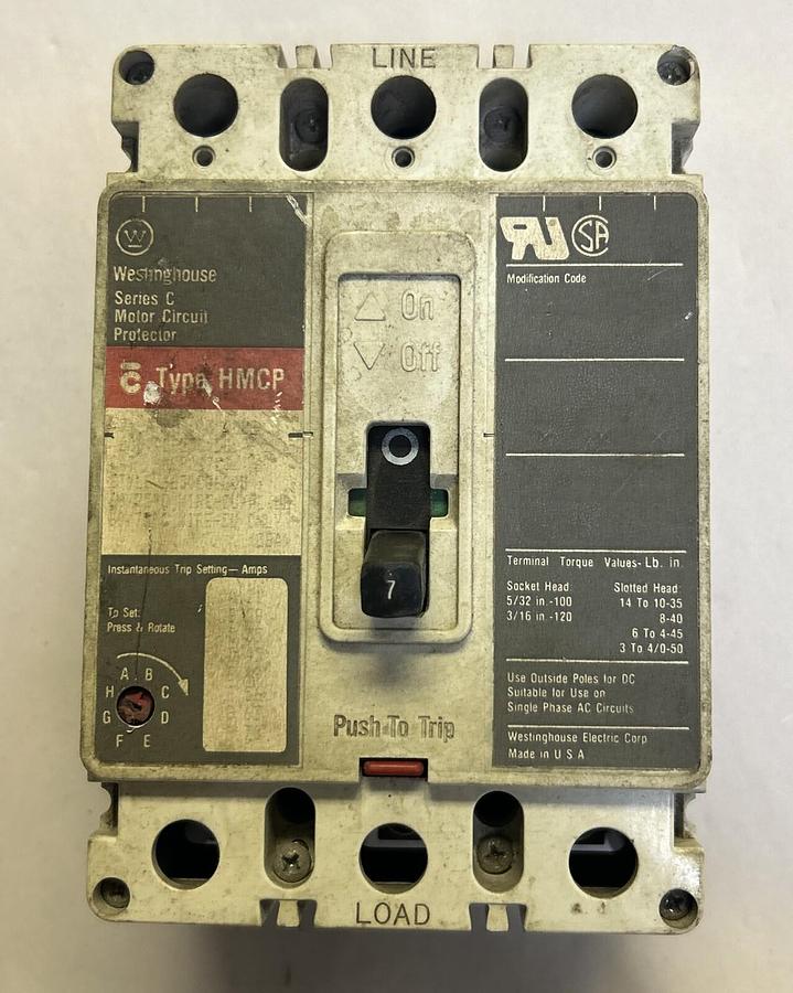 Used WESTINGHOUSE,HMCP007C0C,CIRCUIT BREAKER 7AMP 600V 3P