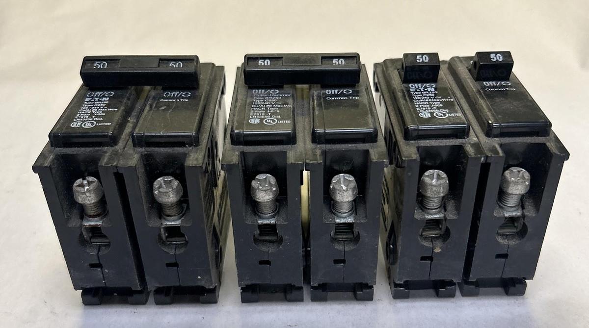 Used EATON,BR250,CIRCUIT BREAKER 50A 120/240V 2P LOT OF 3