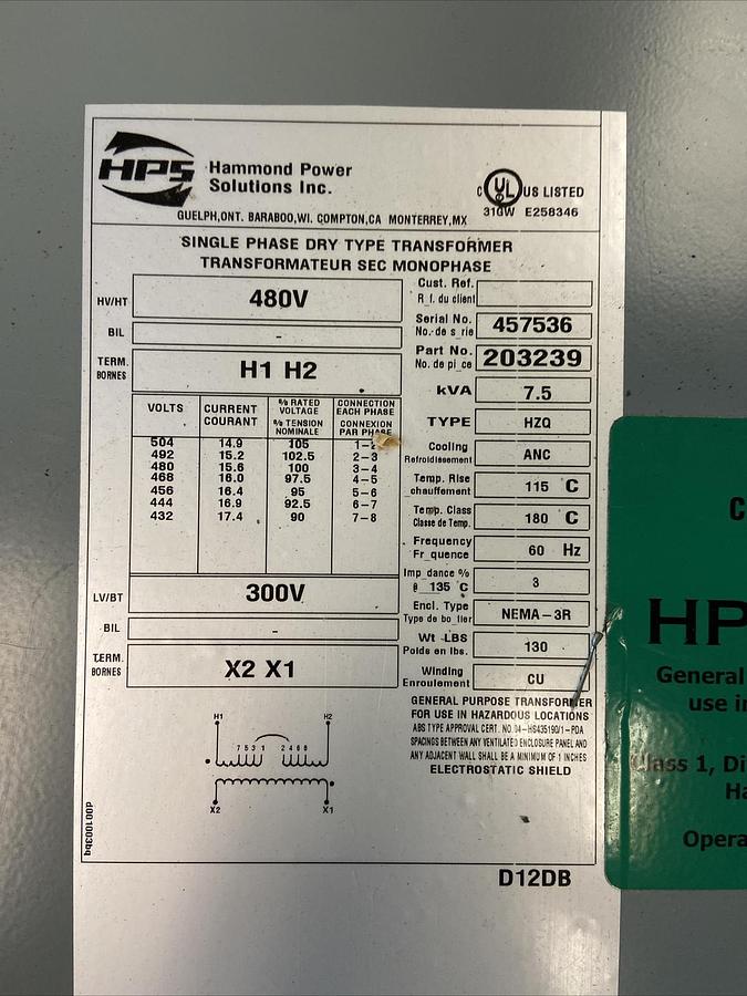 Hammond,203239,Single Phase Dry Type Transformer Primary 480V Secondary 300V