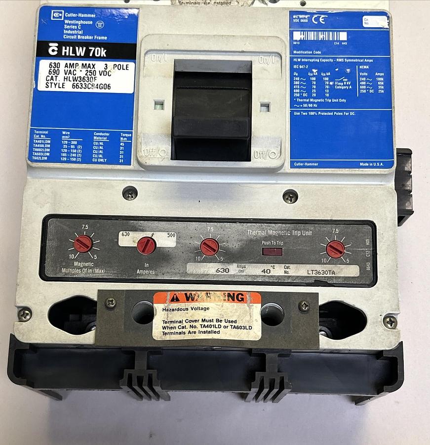 Used CUTLER-HAMMER,HLW3630F,CIRCUIT BREAKER 630A 690V 3P