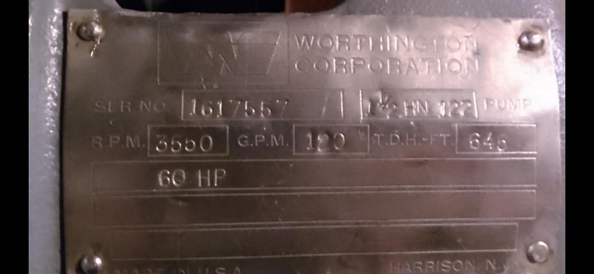 Used Worthington,1-1/2 HN122,Centrifugal Pump 60hp 3350 rpm 120 GPM