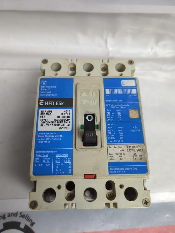 Used WESTINGHOUSE,HFD3080L,CIRCUIT BREAKER 80 AMP 600V 3-POLE PRE-OWNED