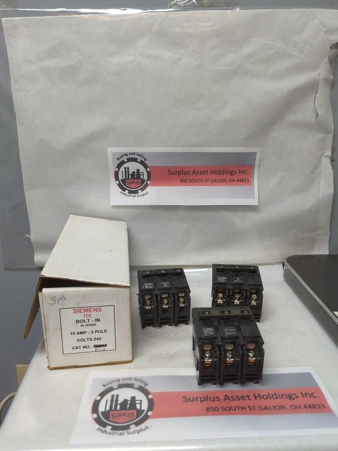 Used SIEMENS,B315,CIRCUIT BREAKER 3-POLE 15 AMP LOT OF 3 PRE-OWNED