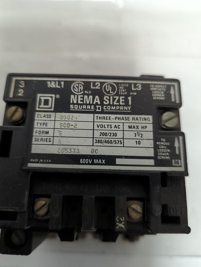 Used SQUARE D,8502-SC0-2,CONTACTOR SIZE 1 PRE-OWNED