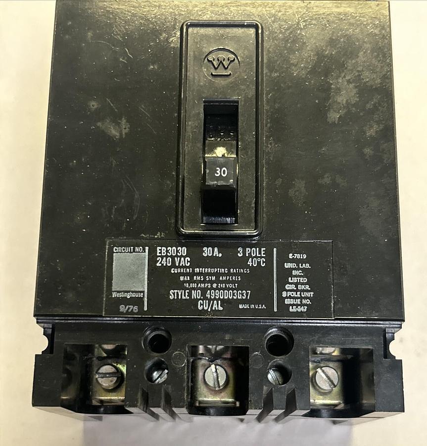 Used WESTINGHOUSE,EB3030,CIRCUIT BREAKER 30A 240V 3P