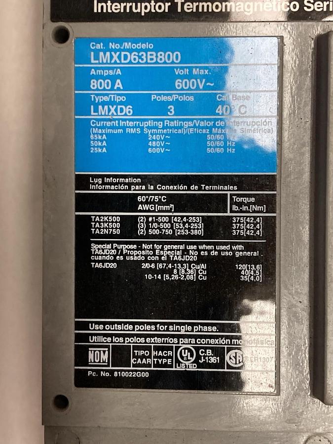 Used Siemens,LMXD63B800,3-Pole Circuit Breaker 800A 600V