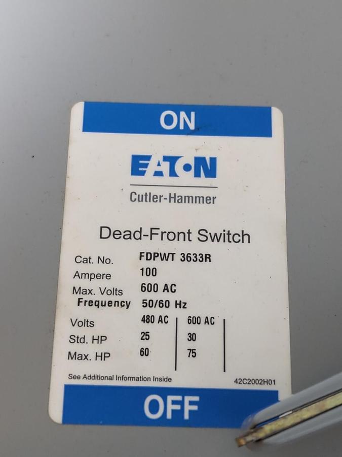 CUTLER HAMMER,FDPWT 3633R,DEAD FRONT TWIN SWITCH 100 AMP 600 VAC NOS