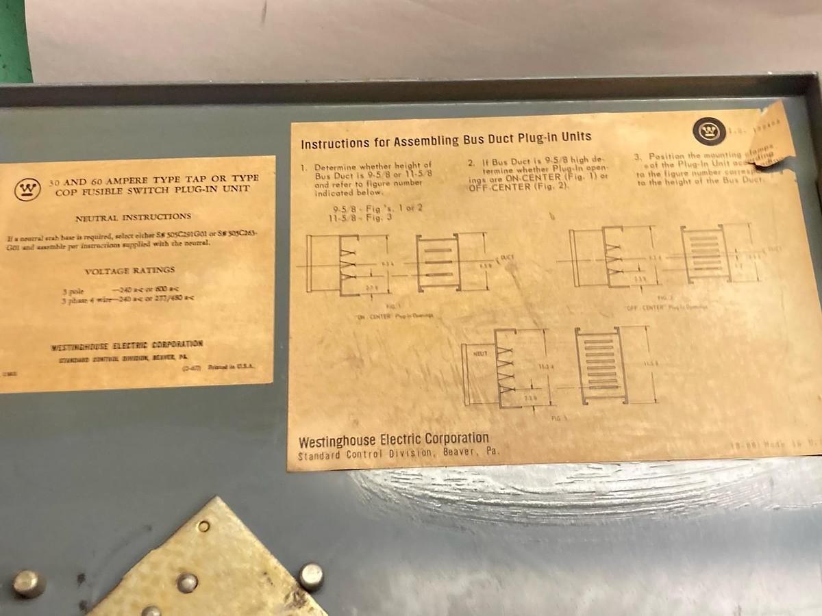 Used Westinghouse,373D 633 G06,3-Phase Fusible BUS PLUG Switch Pul-In Unit 60A 600Vac
