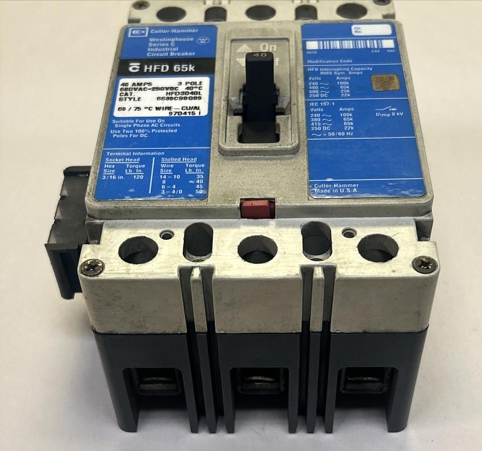 Used CUTLER-HAMMER,HFD3040L,CIRCUIT BREAKER 40A 600V 3P