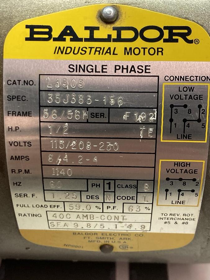 Used Baldor,L3505,Industrial Motor 1/2HP 115/208-230V 1140RPM 56/56H 1ph