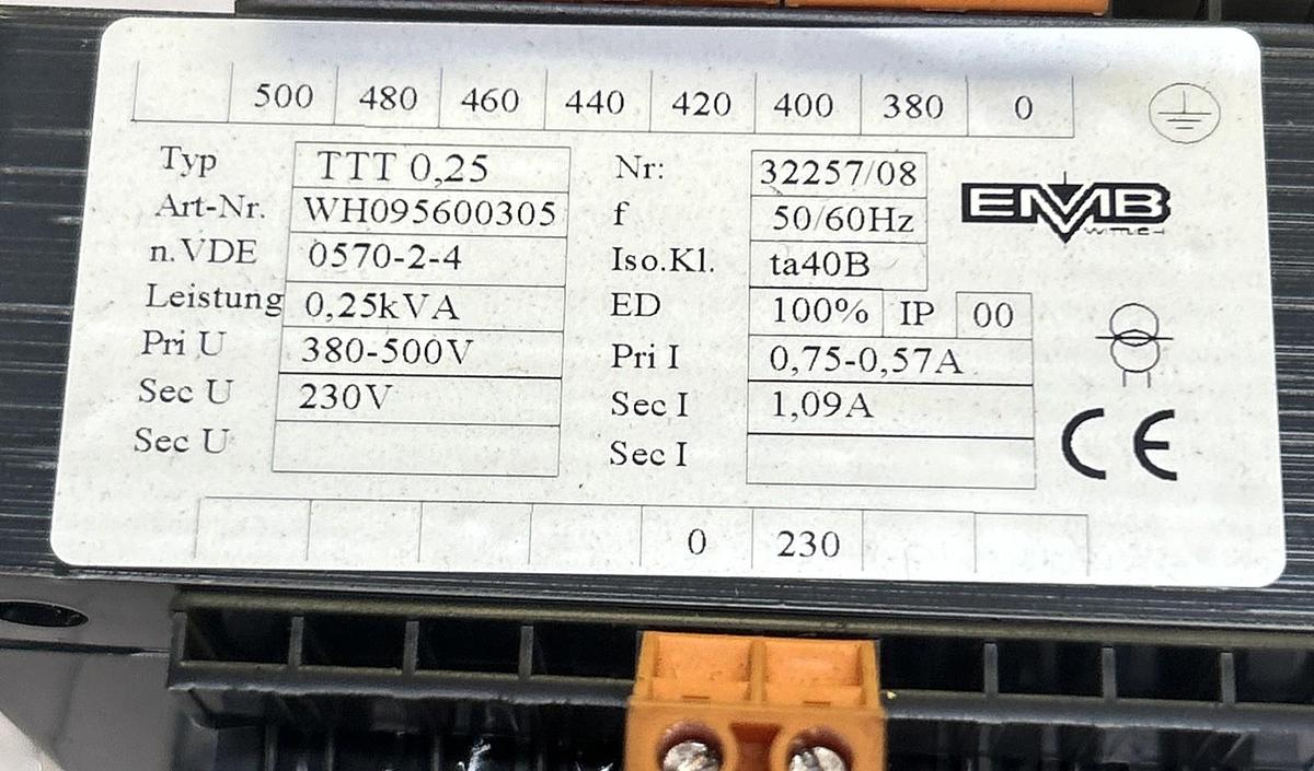 Used EMB,WH095600305,TRANSFORMER 0.25KVA 380-500V PRI / 230V SEC