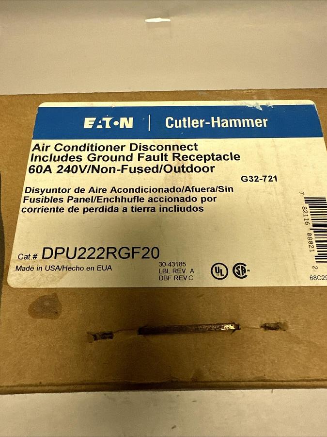 Eaton Cutler Hammer,DPU222RGF20,60 Amp 240V Non Fused Air Conditioner Disconnect