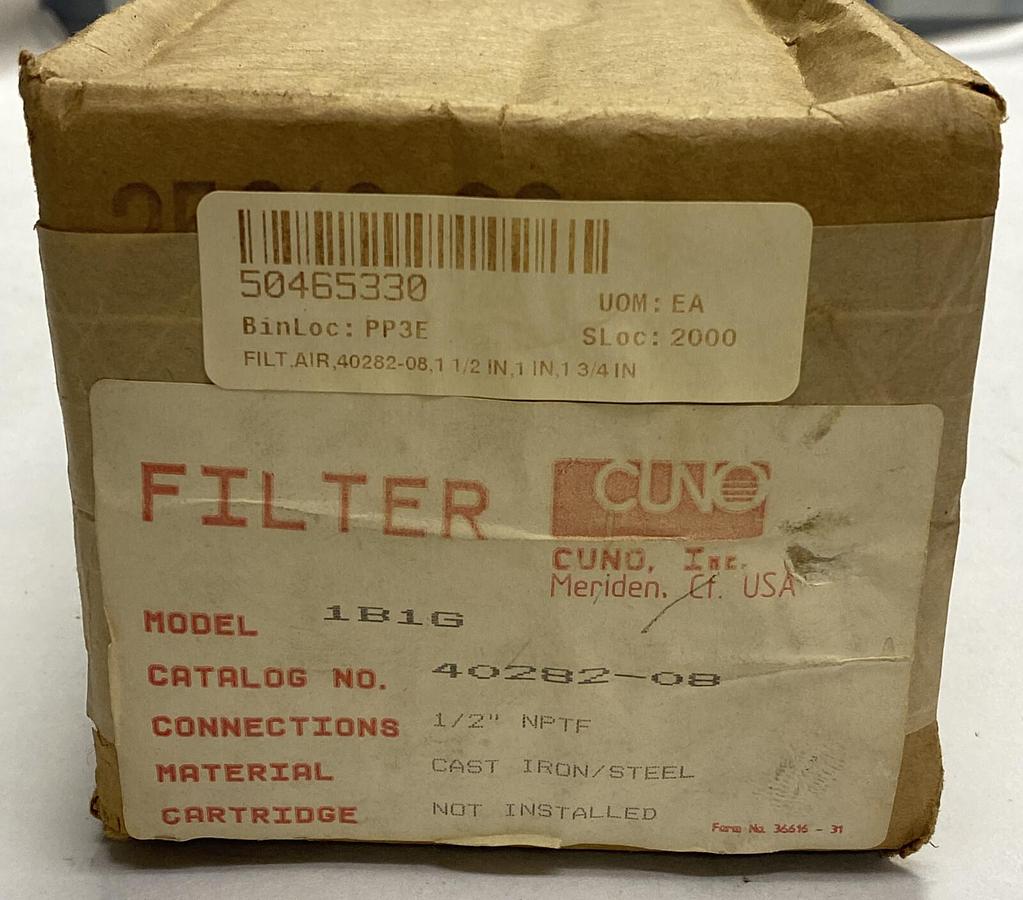 Used CUNO,40282-08,MODEL 1B1G CAST IRON / STEEL AIR FILTER 1/2 INCH NPTF NEW