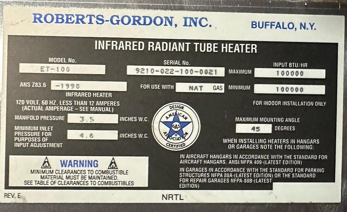 Energy Tube,ET-100,20 ft. Natural Gas Fired Radiant Tube Heater 100K BTU