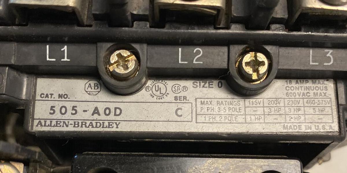 Used Allen-Bradley,505-AOD,Ser C Size 0 Reversing Starter 18AMP 600VAC 120V Coil