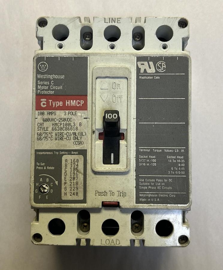 Used WESTINGHOUSE,HMCP100L3,CIRCUIT BREAKER 100A 600V 3P