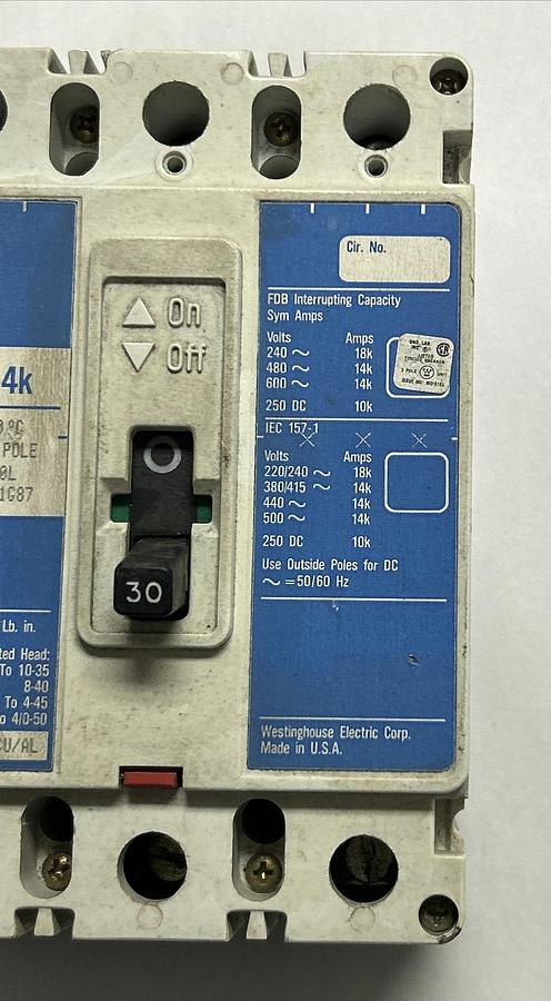 Used CUTLER -HAMMER WESTINGHOUSE,FDB3030L, CURCUIT BREAKER 30A 600V 3P