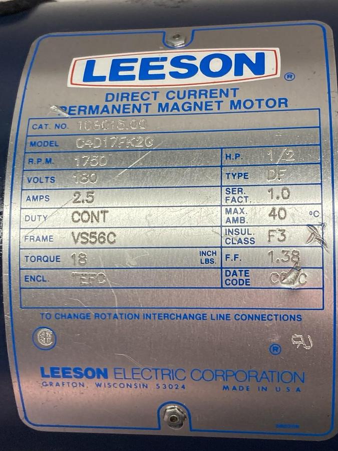 Leeson,108015.00,DC Motor 180VDC 1750rpm 2.5A Frame VS56C 1/2Hp