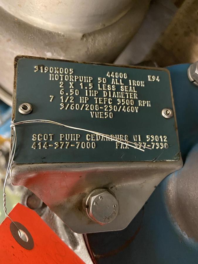 Used SCOT,3190K005,Pump 2 x 1.5 Imp Dia 6.50  7.5Hp 3500RPM