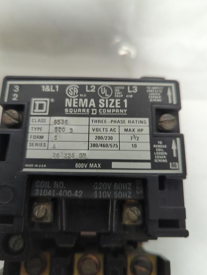 Used SQUARE D,8536-SCO 3,MOTOR STARTER SIZE 1 SERIES A PRE-OWNED