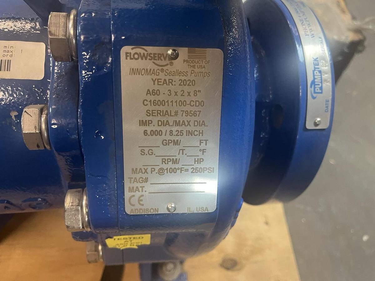 Used FLOWSERVE,A60,INNOMAG SEALLESS PUMP 3X2X8" IMPELLER 6" 10HP 3510RPM