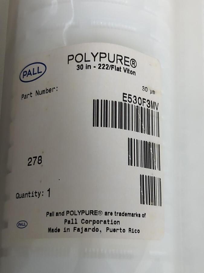 PALL,E530F3MV,POLYPURE FILTER FOR LIQUID FOOD & BEVERAGE 30 IN-222/FLAT VITRON