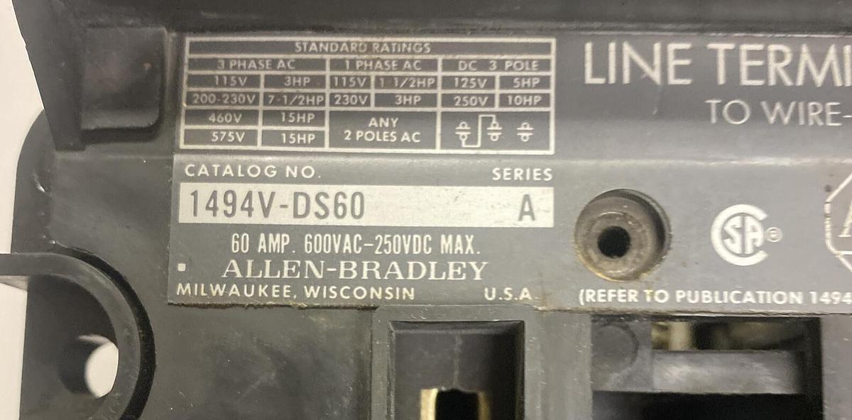 Used ALLEN BRADLEY,1494V-DS60,DISCONNECT SWITCH W/ HANDLE