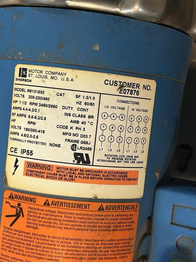 Used GOULDS,2ST1F5D4,CENTRIFUGAL PUMP 1-1/4X1-1/2-6 1.5HP 208-230/460V 3450RPM 3PH