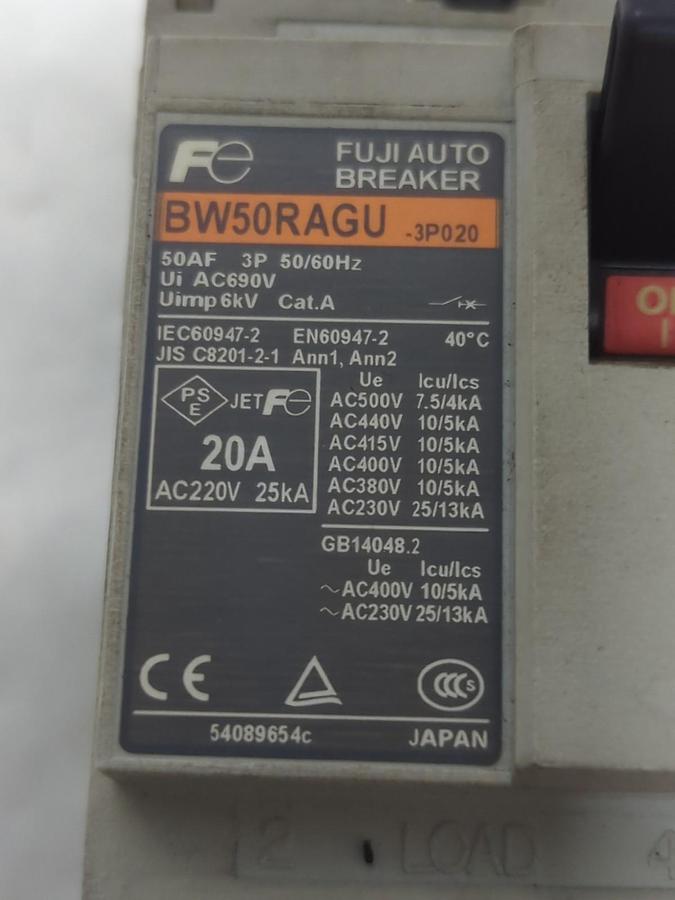 Used FUJI,BW50RAGU-3P020,CIRCUIT BREAKER 20 AMP 3-POLE PRE-OWNED