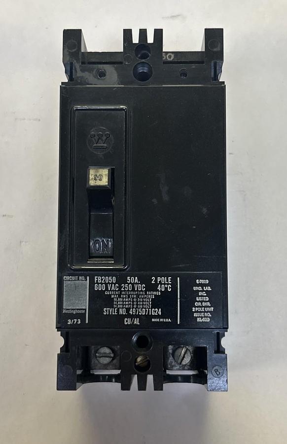 Used WESTINGHOUSE,FB2050,CIRCUIT BREAKER 50A 600V 2P