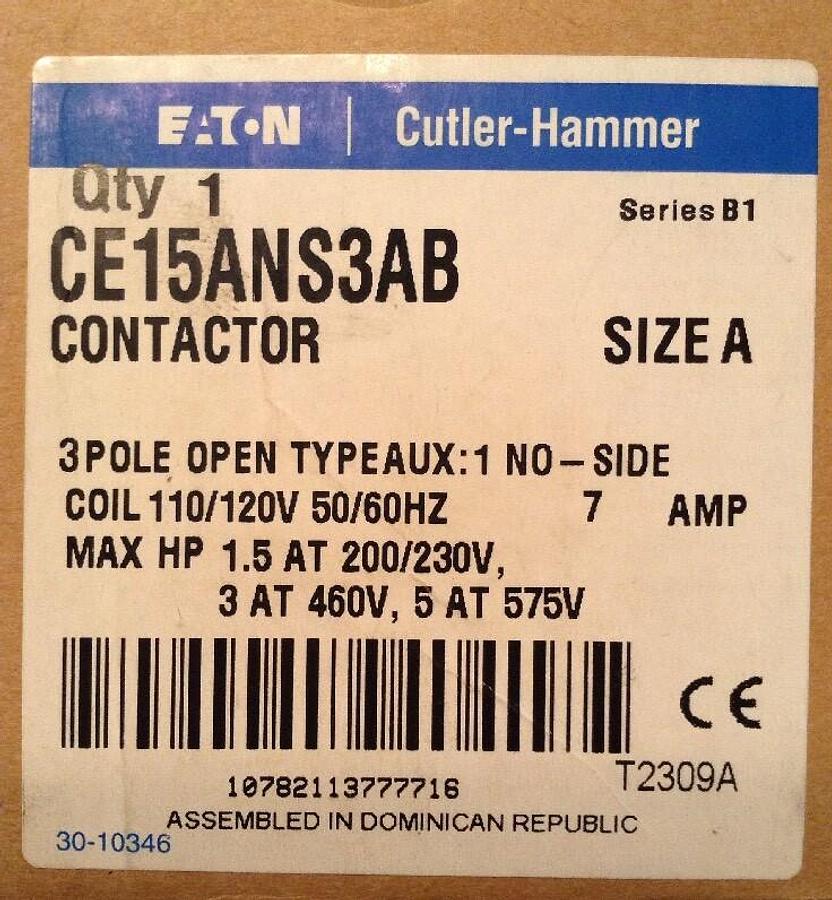 Eaton Cutler-Hammer,CE15ANS3AB,Contactor Series B1 Size A 3-Pole