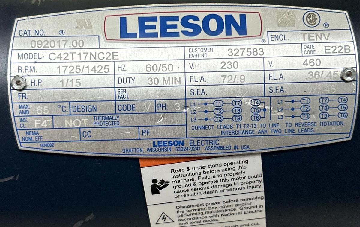 Used LEESON,092017.00,AC MOTOR C42T17NC2E 1/15HP 1725/1425RPM 460V 42CZ FRAME