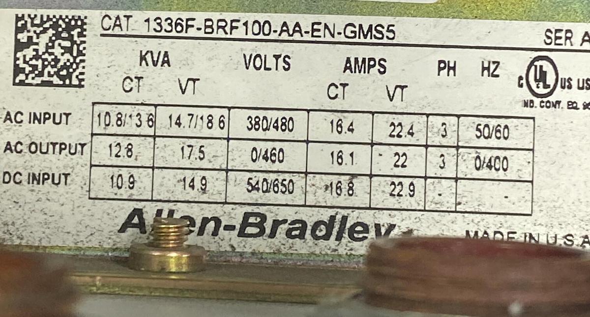 Used ALLEN BRADLEY,1336F-BRF100-AA-EN-GMS5 PLUS II,AC DRIVE 10HP