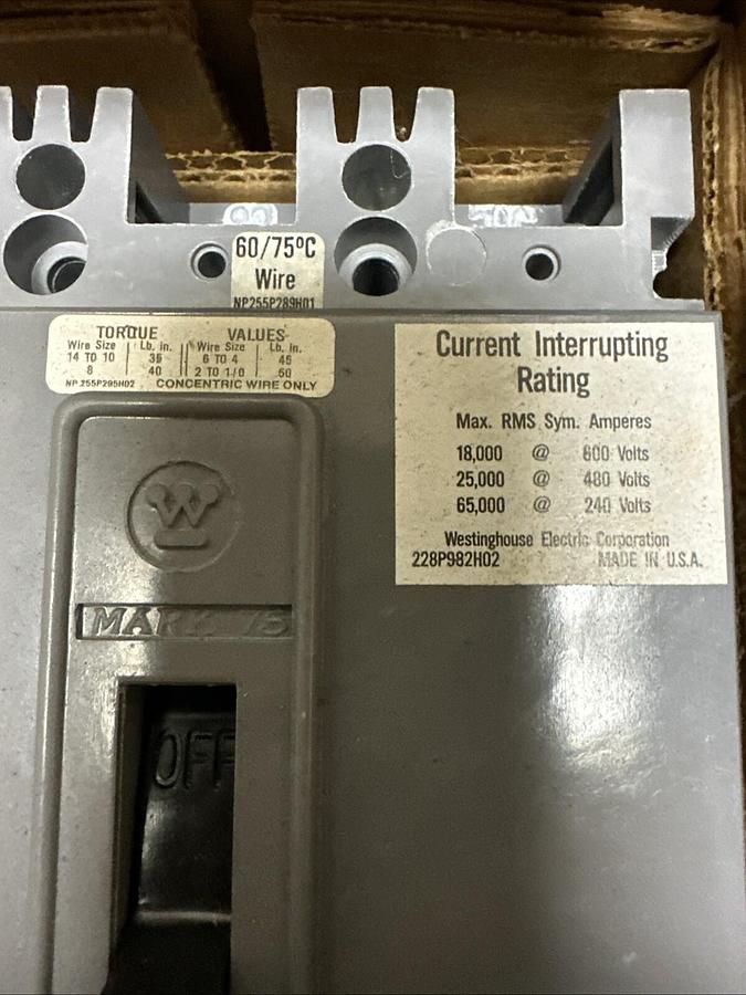 Westinghouse,HFB3090V,Circuit Breaker 90Amp 600VAC 3 Pole