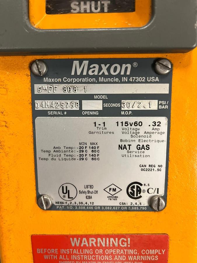Used MAXON,808-1,NATURAL GAS SHUT OFF 6" REFURBISHED