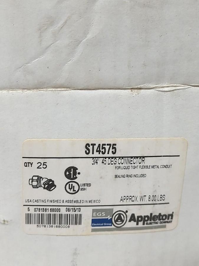 APPLETON,ST4575,3/4 INCH 45 DEG LIQUID TIGHT CONNECTORS BOX OF 25 NEW
