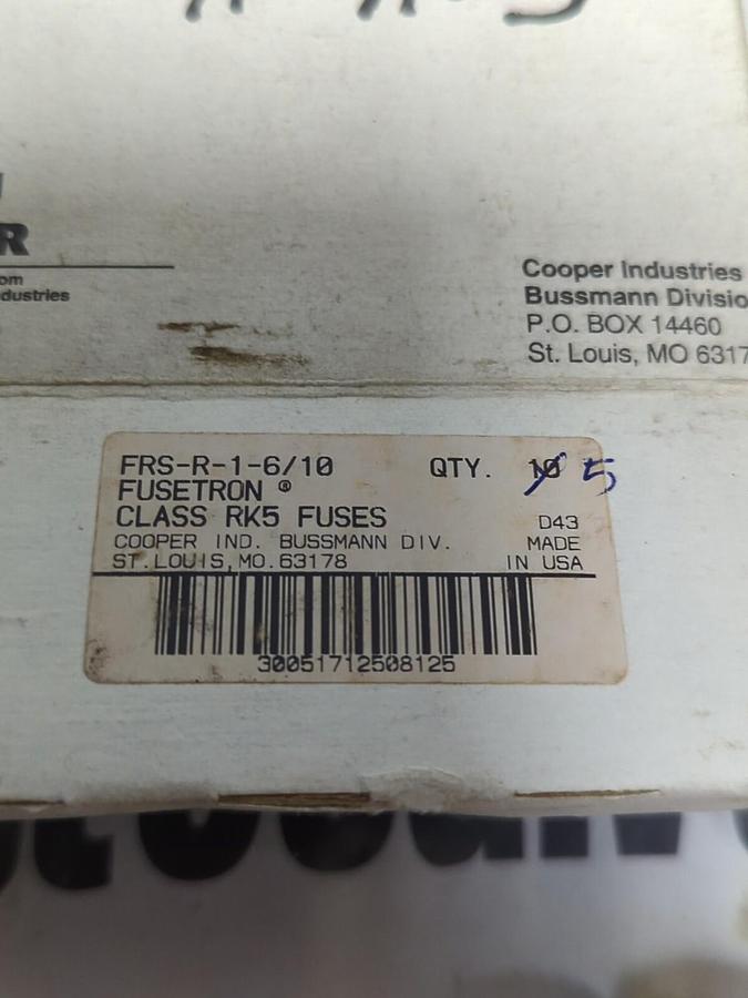 COOPER BUSSMANN,FRS-R-1-6/10,FUSETRON 1-6/10 AMP FUSES BOX OF 5 NEW