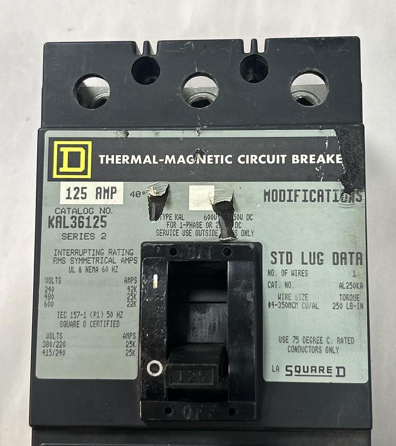 Used SQUARE D,KAL36125,CIRCUIT BREAKER 125A 600V 3P