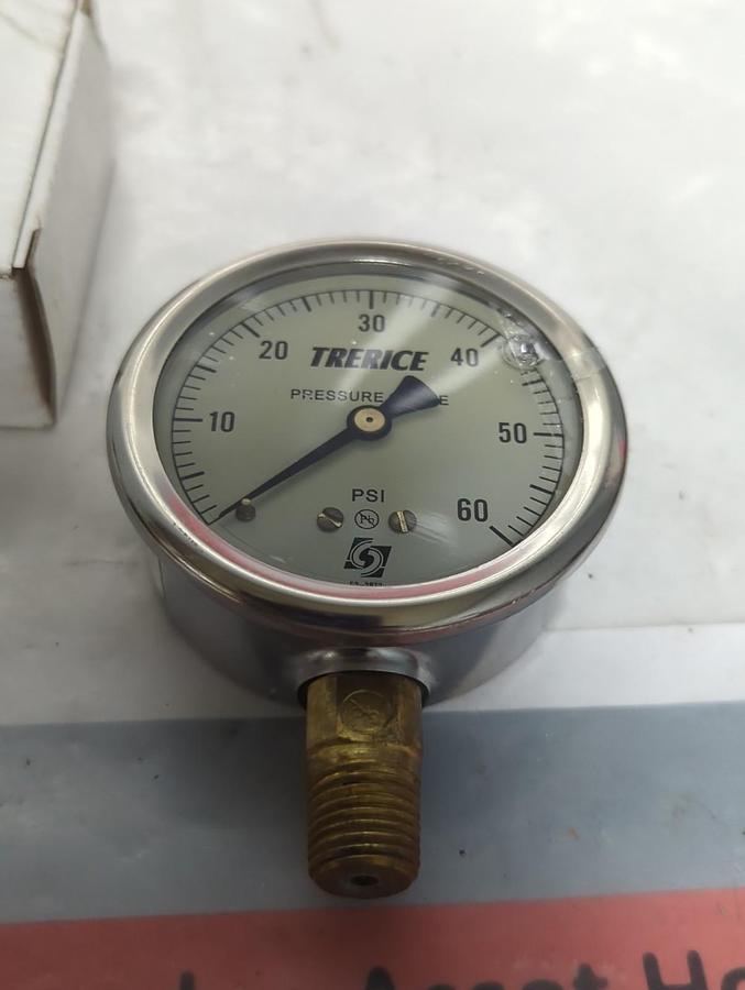 TRERICE,D82LFB2502LA100,PRESSURE GAUGE 2.5 INCH FACE 1/4 INCH LM 0-60 PSI NOS